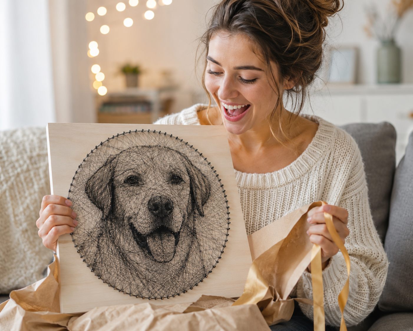 Delighted woman unwrapping kraft paper to reveal a string-art portrait of a labrador