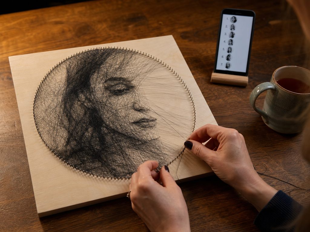 Hands winding black thread around pins on a board, half-finished portrait, phone with numbered steps beside it