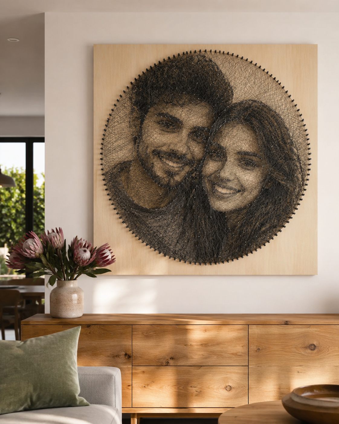 Square pale-wood board with a circular string-art portrait of a smiling couple, hanging above an oak sideboard with proteas
