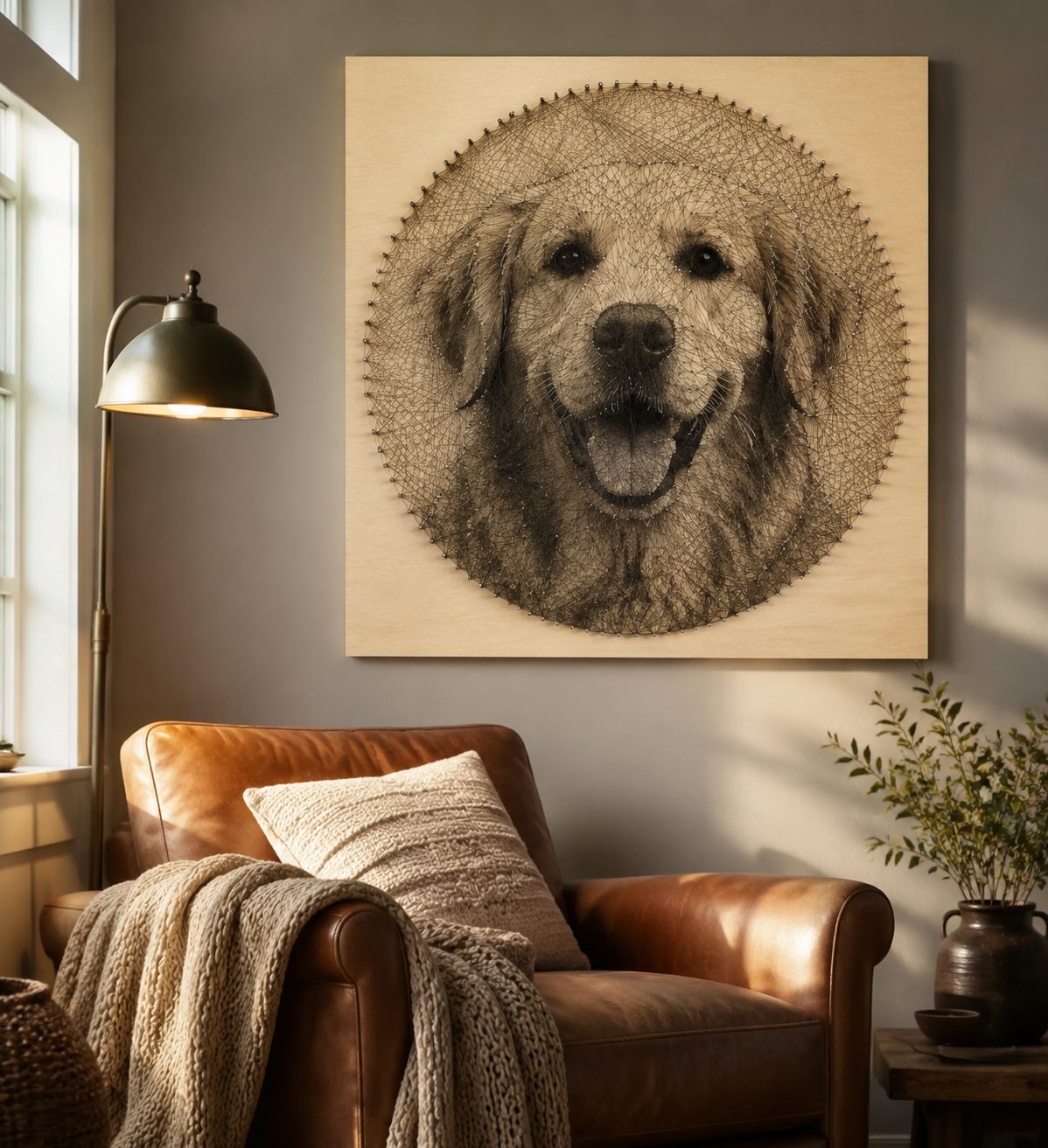 String-art portrait of a golden retriever on a pale board above a leather armchair in a warm reading corner